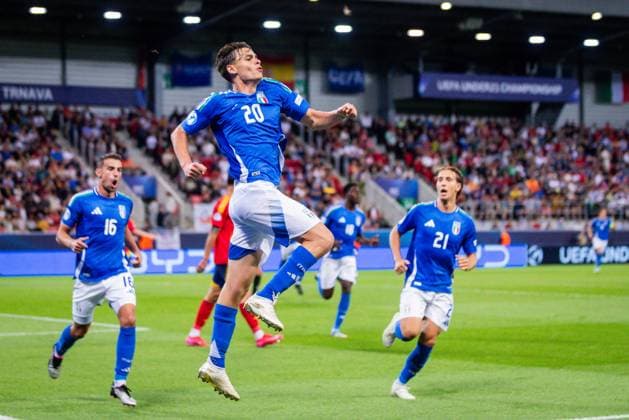 SPAIN U21, U 21 - ITALY U21 Niccolo Pisilli of Italy celebrates a goal during the UEFA European Under-21 Championship 2025 Group A football match between Spain U21 and Italy U21. City Arena Stadium, Trnava, Slovakia, June 17, 2025. Photo by Branislav Racko Copyright: xx _BRR2010