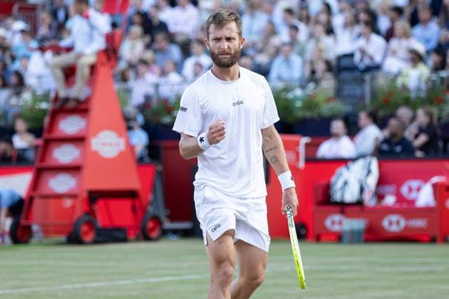 17th June 2025; HSBC Championships, Queens Club, West Kensington, London, England: HSBC Mens Championships Queens Club, Day 2; Corentin Moutet (FRA) celebrates beating Taylor Fritz (USA)  ActionPlus12802126 IanxStephen