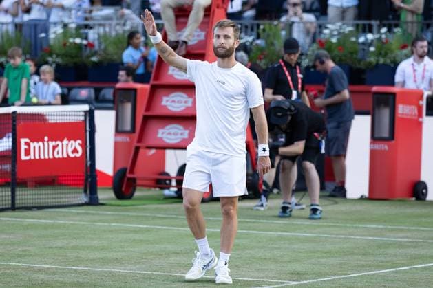 17th June 2025; HSBC Championships, Queens Club, West Kensington, London, England: HSBC Mens Championships Queens Club, Day 2; Corentin Moutet (FRA) celebrates beating Taylor Fritz (USA)  ActionPlus12802129 IanxStephen