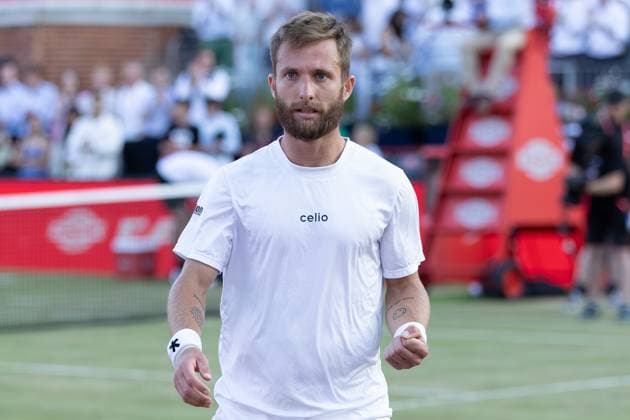 17th June 2025; HSBC Championships, Queens Club, West Kensington, London, England: HSBC Mens Championships Queens Club, Day 2; Corentin Moutet (FRA) celebrates beating Taylor Fritz (USA)  ActionPlus12802131 IanxStephen