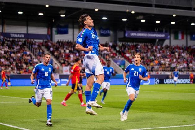 SPAIN U21, U 21 - ITALY U21 Niccolo Pisilli of Italy celebrates a goal during the UEFA European Under-21 Championship 2025 Group A football match between Spain U21 and Italy U21. City Arena Stadium, Trnava, Slovakia, June 17, 2025. Photo by Branislav Racko Copyright: xx _BRR2011
