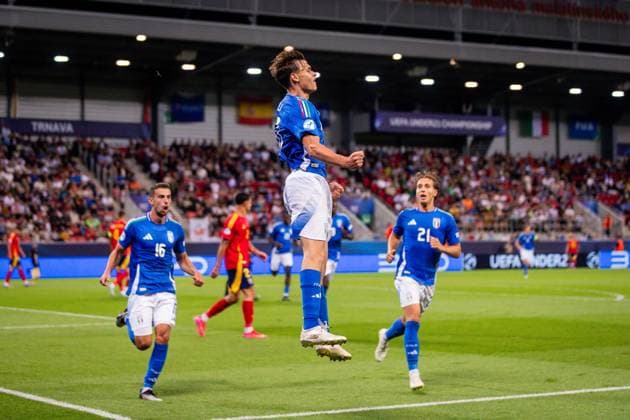 SPAIN U21, U 21 - ITALY U21 Niccolo Pisilli of Italy celebrates a goal during the UEFA European Under-21 Championship 2025 Group A football match between Spain U21 and Italy U21. City Arena Stadium, Trnava, Slovakia, June 17, 2025. Photo by Branislav Racko Copyright: xx _BRR2012