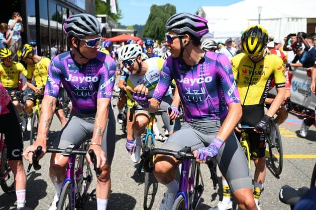 Tour de Suisse 2025 Stage 4 PIURO VALCHIAVENNA, ITALY - JUNE 18 : Gamper Patrick (AUT) of Team Jayco AlUla and Sutterlin Jasha (GER) of Team Jayco AlUla during stage 4 of the 88th edition of Tour de Suisse an UCI World Tour 2.UWT cycling road race stage for Men Elite of 193.2 km with start in Heiden and finish in Piuro Valchiavenna on June 18, 2025 in Piuro Valchiavenna, Italy, 18 06 2025 ( Motordriver Kenny Verfaillie - Piuro Valchiavenna Italy  Copyright: xVincentxKalutx