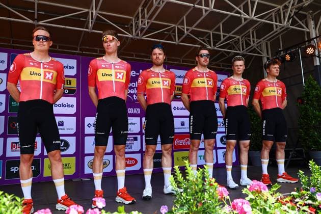 Uno X Mobility riders pictured before the first stage of the Baloise Belgium Tour cycling race, 198km from Merelbeke-Melle to Knokke-Heist, . The Baloise Belgium Tour takes place from 18 to 22 June. DAVIDxPINTENS  x127315747x