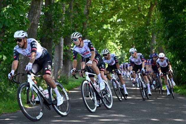 Baloise Belgium Tour 2025 Stage 1 KNOKKE-HEIST, BELGIUM - JUNE 18 : UAE Team Emirates - XRG riders during stage 1 of the 94th edition of Baloise Tour of Belgium an UCI ProSeries 2.Pro cycling road race stage for Men Elite of 198 km with start in Merelbeke-Melle and finish in Knokke-Heist on June 18, 2025 in Knokke-Heist, Belgium, 18 06 2025 ( Motordriver Guy De Vuyst - Knokke-Heist Belgium  Copyright: xJanxDexMeuleneirx
