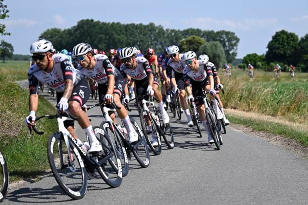 Baloise Belgium Tour 2025 Stage 1 KNOKKE-HEIST, BELGIUM - JUNE 18 : Uae Team Emirates riders during stage 1 of the 94th edition of Baloise Tour of Belgium an UCI ProSeries 2.Pro cycling road race stage for Men Elite of 198 km with start in Merelbeke-Melle and finish in Knokke-Heist on June 18, 2025 in Knokke-Heist, Belgium, 18 06 2025 ( Motordriver Guy De Vuyst - Knokke-Heist Belgium  Copyright: xJanxDexMeuleneirx