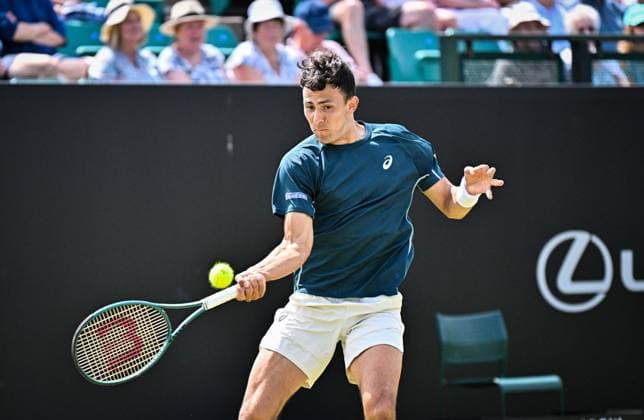 18th June 2025; Lexus Nottingham Tennis Centre, Nottingham, England; Lexus Nottingham Open, Day 3; Emilio Nava (USA) hits a forehand return to Ryan Peniston (GBR) in their second round match  ActionPlus12802185 GodfreyxPitt