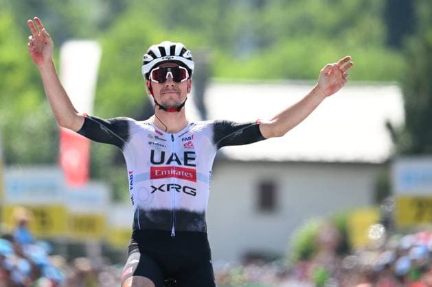 Tour de Suisse 2025 Stage 4 PIURO VALCHIAVENNA, ITALY - JUNE 18 : Almeida Joao (POR) of UAE Team Emirates - XRG wins the stage 4 of the 88th edition of Tour de Suisse an UCI World Tour 2.UWT cycling road race stage for Men Elite of 193.2 km with start in Heiden and finish in Piuro Valchiavenna on June 18, 2025 in Piuro Valchiavenna, Italy, 18 06 2025 ( Motordriver Kenny Verfaillie - Piuro Valchiavenna Italy  Copyright: xVincentxKalutx