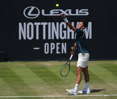 Nottingham Tennis Centre Nottingham, England - Emilio Nava serves to Ryan Peniston during the match in the Lexus Nottingham Tennis Open, day 4, June 18th 2025. (Paul Bonser SPP) Copyright: xPaulxBonser SPPx spp-en-PaBo-Lexus Nottingham Open 3812