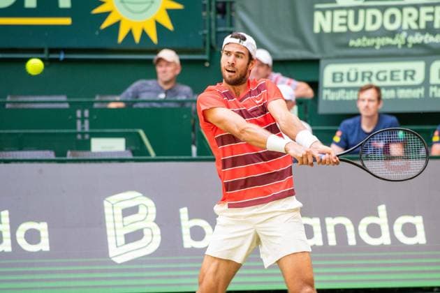 Karen KACHANOV RUS Action Zizou Bergs BEL vs Karen Khachanov RUS Tennis Terra Wortmann Open 2025 on 18 06 2025 at the OWL Arena Halle Westfalen, Germany Â