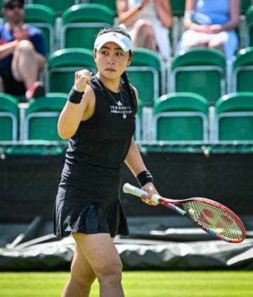 18th June 2025; Lexus Nottingham Tennis Centre, Nottingham, England; Lexus Nottingham Open, Day 3; Makoto Ninomiya (JPN) world No 58 fist pumps after winning a point in the second round match with her partner Ulrikke Eikeri (NOR) world No 57 against Aldila Sutjiadi (IDN) world No 45 and Eri Hozumi (JPN) world No 45  ActionPlus12802237 GodfreyxPitt
