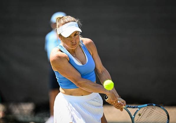 18th June 2025; Lexus Nottingham Tennis Centre, Nottingham, England; Lexus Nottingham Open, Day 3; Yulia Putintseva (KAZ) world No 24 hits a backhand return to Rebecca Sramkova (SLO) world No 38 in their second round match  ActionPlus12802276 GodfreyxPitt