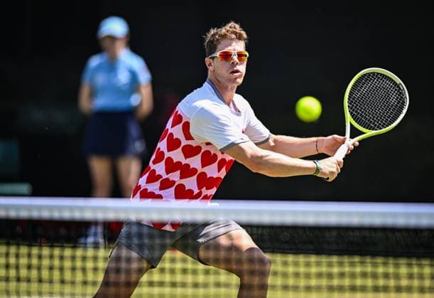 18th June 2025; Lexus Nottingham Tennis Centre, Nottingham, England; Lexus Nottingham Open, Day 3; Ariel Behar (URU) hits a volley in his match with partner Joran Vliegen (BEL) against Diego Hidalgo (ECU) and Patrik Trhac (USA) in the second round  ActionPlus12802251 GodfreyxPitt