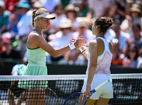 18th June 2025; Lexus Nottingham Tennis Centre, Nottingham, England; Lexus Nottingham Open, Day 3; Antonia Ruzic (CRO) world No 98 congratulates Dayana Yastremska (UKR) world No 42 on her win  ActionPlus12802253 GodfreyxPitt
