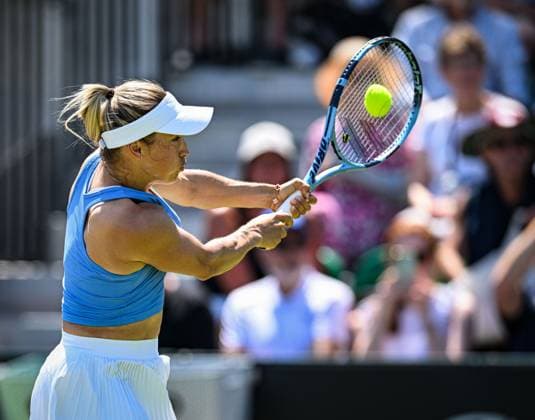 18th June 2025; Lexus Nottingham Tennis Centre, Nottingham, England; Lexus Nottingham Open, Day 3; Yulia Putintseva (KAZ) world No 24 hits a backhand return to Rebecca Sramkova (SLO) world No 38 in their second round match  ActionPlus12802278 GodfreyxPitt
