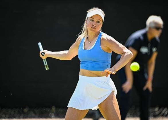 18th June 2025; Lexus Nottingham Tennis Centre, Nottingham, England; Lexus Nottingham Open, Day 3; Yulia Putintseva (KAZ) world No 24 hits a forehand return against Rebecca Sramkova (SLO) world No 38 in their second round match  ActionPlus12802279 GodfreyxPitt
