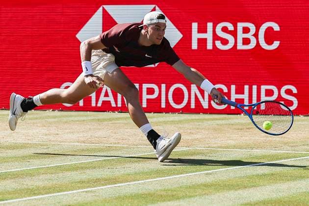 18th June 2025; HSBC Championships, Queens Club, West Kensington, London, England: HSBC Mens Championships Queens Club, Day 3; Jack Draper (GBR) plays a forehand shot against Alexei Popyrin (AUS)  ActionPlus12802293 HenningxVonxJagow