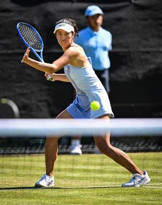 18th June 2025; Lexus Nottingham Tennis Centre, Nottingham, England; Lexus Nottingham Open, Day 3; Ena Shibahara (JPN) world No 59 prepares to hit a forehand return in the second round match with her partner Anna Danilina (KAZ) world No 9 against Isabelle Haverlag (NED) world No 97 and Maia Lumsden (GBR) world No 70  ActionPlus12802371 GodfreyxPitt