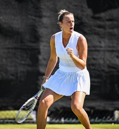 18th June 2025; Lexus Nottingham Tennis Centre, Nottingham, England; Lexus Nottingham Open, Day 3; Isabelle Haverlag (NED) world No 97 celebrates winning a point in the second round match with her partner Maia Lumsden (GBR) world No 70 against Anna Danilina (KAZ) world No 9 and Ena Shibahara (JPN) world No 59  ActionPlus12802376 GodfreyxPitt