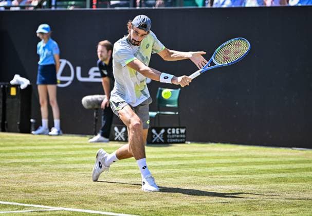 18th June 2025; Lexus Nottingham Tennis Centre, Nottingham, England; Lexus Nottingham Open, Day 3; Lloyd Harris (RSA) hits a backhand return against Marin Cilic (CRO) in their second round match  ActionPlus12802388 GodfreyxPitt