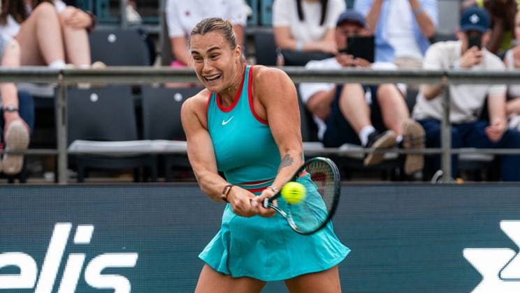 18 06 2025, WTA 500, Tennis, Women, Berlin Tennis Open by Hylo 2025, Berlin, Singles, 2nd round, Aryna Sabalenka Russia Rebeka Masarova Switzerland Aryna Sabalenka Russia Berlin Steffi Graf Stadion Berlin Germany
