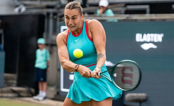 18 06 2025, WTA 500, Tennis, Women, Berlin Tennis Open by Hylo 2025, Berlin, Singles, 2nd round, Aryna Sabalenka Russia Rebeka Masarova Switzerland Aryna Sabalenka Russia Berlin Steffi Graf Stadion Berlin Germany