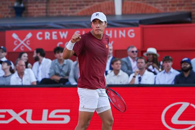 18th June 2025; HSBC Championships, Queens Club, West Kensington, London, England: HSBC Mens Championships Queens Club, Day 3; Brandon Nakashima (USA) celebrates winning the match against Daniel Evans (GBR)  ActionPlus12802410 HenningxVonxJagow