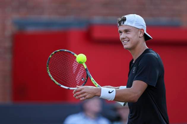 18th June 2025; HSBC Championships, Queens Club, West Kensington, London, England: HSBC Mens Championships Queens Club, Day 3; Holger Rune (DEN) celebrates winning a point against Mackenzie McDonald (USA)  ActionPlus12802416 HenningxVonxJagow