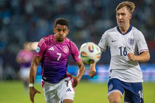 England - Germany UEFA European Under-21 Championship 2025 Group Stage Ansgar Knauff, Jack Hinshelwood during the UEFA European Under-21 Championship 2025 Group Stage match between England and Germany at Nitra Stadium on June 18, 2025 in Nitra, Slovakia. Nitra Slovakia  Copyright: xAndrzejxIwanczukx originalFilename:iwanczuk-englandg250618_npEQT.jpg