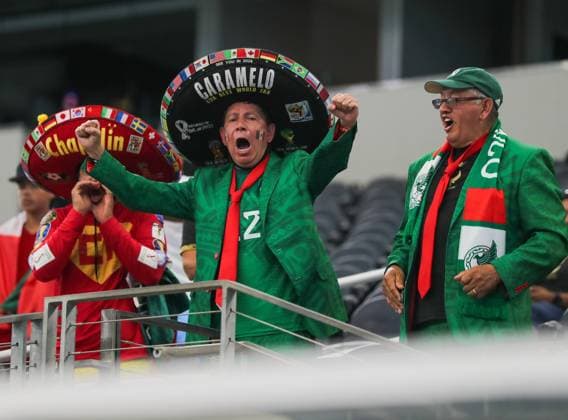 June 18, 2025, Arlington, Texas, USA: Mexico superman CARAMELO (middle) cheers the introductions of Costa Rica and the Dominican Republic teams prior to their Concacaf Gold Cup match at AT&T Stadium in Arlington on Wednesday. Arlington USA - ZUMAm257 20250618_zsp_m257_027 Copyright: xBrianxMcLeanx