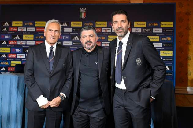 Sport Bilder des Tages Gabriele Gravina Gennaro Gattuso and Gianluigi Buffon during the press conference, PK, Pressekonferenz to present Technical Commissioner Gennaro Gattuso at the Hotel Parco dei Principi Rome, Italy - Thursday 19 June 2025. Sports - Football.  Copyright: xFabrizioxCorradetti LaPressex