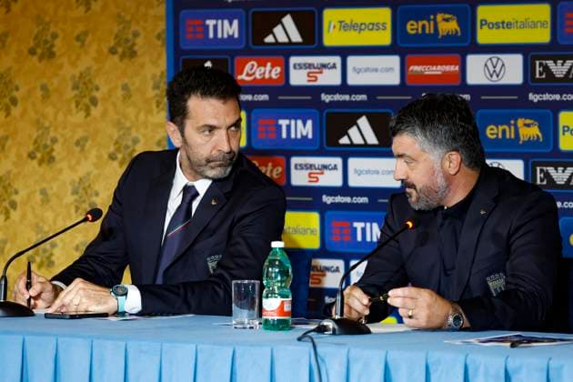 June 19, 2025, Rome, ITALY: (L-R) national team, Nationalteam s Head of the Delegation Gianluigi Buffon, Italy s national head coach Gennaro Gattuso attend a press conference, PK, Pressekonferenz during Gattuso s official presentation, Rome, Italy, 19 June 2025. ANSA FABIO FRUSTACI. Gennaro Gattuso Presented As New Italy Head Coach  - ZUMAa110 20250619_zaf_a110_018 Copyright: xFabioxFrustacix