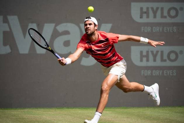 Karen KACHANOV RUS Action, Felix Auger Aliassime CAN vs Karen Khachanov Tennis Terra Wortmann Open 2025 on 18 06 2025 at the OWL Arena Halle Westfalen, Germany Â