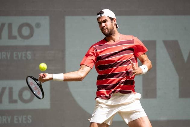 Karen KACHANOV RUS Action, Felix Auger Aliassime CAN vs Karen Khachanov Tennis Terra Wortmann Open 2025 on 18 06 2025 at the OWL Arena Halle Westfalen, Germany Â