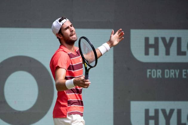 Karen KACHANOV RUS Action, Felix Auger Aliassime CAN vs Karen Khachanov Tennis Terra Wortmann Open 2025 on 18 06 2025 at the OWL Arena Halle Westfalen, Germany Â