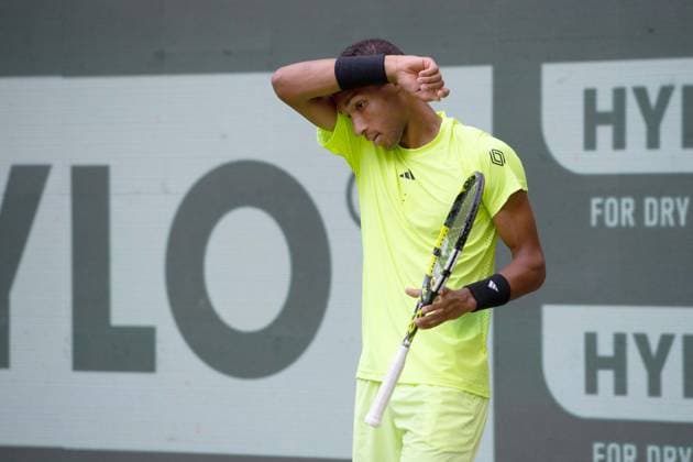 Felix AUGER ALIASSIKME CAN Action Felix Auger Aliassime CAN vs Karen Khachanov Tennis Terra Wortmann Open 2025 on 18 06 2025 at the OWL Arena Halle Westfalen, Germany Â