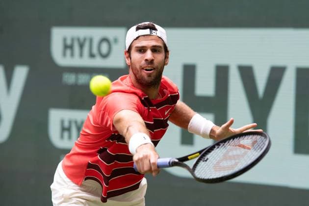 Karen KACHANOV RUS Action, Felix Auger Aliassime CAN vs Karen Khachanov Tennis Terra Wortmann Open 2025 on 18 06 2025 at the OWL Arena Halle Westfalen, Germany Â