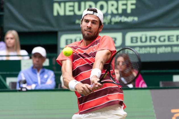 Karen KACHANOV RUS Action, Felix Auger Aliassime CAN vs Karen Khachanov Tennis Terra Wortmann Open 2025 on 18 06 2025 at the OWL Arena Halle Westfalen, Germany Â