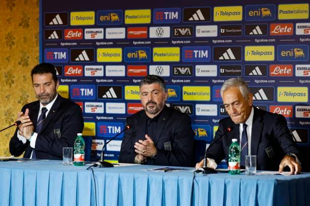 June 19, 2025, Rome, ITALY: (L-R) national team, Nationalteam s Head of the Delegation Gianluigi Buffon, Italy s national head coach Gennaro Gattuso and President of the FIGC Gabriele Gravina attend a press conference, PK, Pressekonferenz during Gattuso s official presentation, Rome, Italy, 19 June 2025. ANSA FABIO FRUSTACI. Gennaro Gattuso Presented As New Italy Head Coach  - ZUMAa110 20250619_zaf_a110_019 Copyright: xFabioxFrustacix