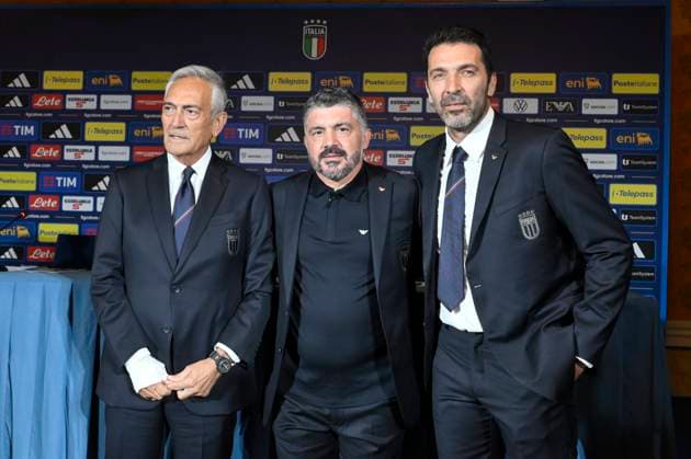 Gabriele Gravina Gennaro Gattuso and Gianluigi Buffon during the press conference, PK, Pressekonferenz to present Technical Commissioner Gennaro Gattuso at the Hotel Parco dei Principi Rome, Italy - Thursday 19 June 2025. Sports - Football.  Copyright: xFabrizioxCorradetti LaPressex