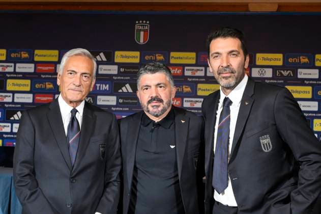Gabriele Gravina Gennaro Gattuso and Gianluigi Buffon during the press conference, PK, Pressekonferenz to present Technical Commissioner Gennaro Gattuso at the Hotel Parco dei Principi Rome, Italy - Thursday 19 June 2025. Sports - Football.  Copyright: xFabrizioxCorradetti LaPressex