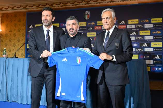 Gianluigi Buffon Gennaro Gattuso and Gabriele Gravina during the press conference, PK, Pressekonferenz to present Technical Commissioner Gennaro Gattuso at the Hotel Parco dei Principi Rome, Italy - Thursday 19 June 2025. Sports - Football.  Copyright: xFabrizioxCorradetti LaPressex