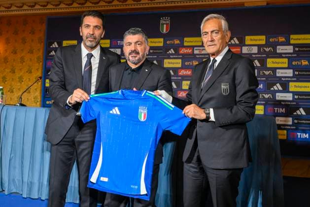 Gianluigi Buffon Gennaro Gattuso and Gabriele Gravina during the press conference, PK, Pressekonferenz to present Technical Commissioner Gennaro Gattuso at the Hotel Parco dei Principi Rome, Italy - Thursday 19 June 2025. Sports - Football.  Copyright: xFabrizioxCorradetti LaPressex