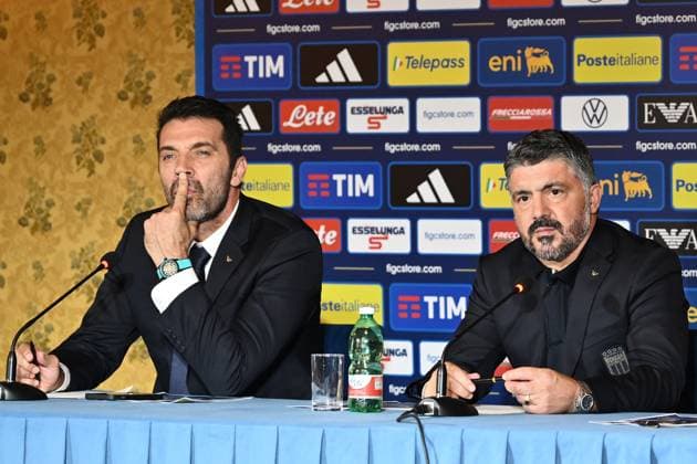 Dc Roma 19 06 2025 - presentazione Commissario Tecnico Nazionale di Calcio foto Domenico Cippitelli Image nella foto: Gianluigi Buffon-Rino Gattuso 