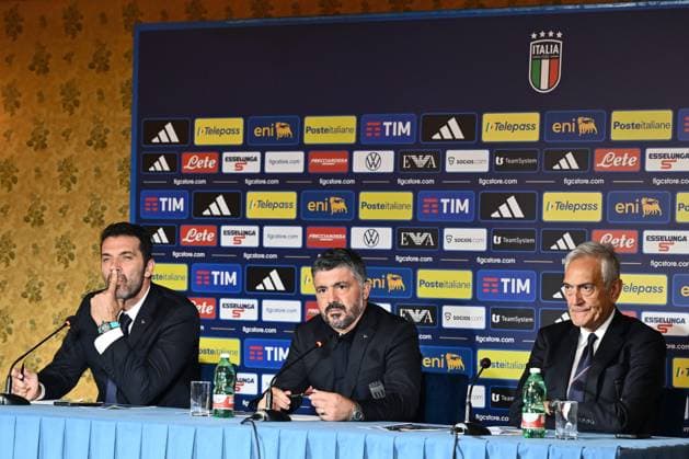 Dc Roma 19 06 2025 - presentazione Commissario Tecnico Nazionale di Calcio foto Domenico Cippitelli Image nella foto: Gianluigi Buffon-Rino Gattuso-Gabriele Gravina 