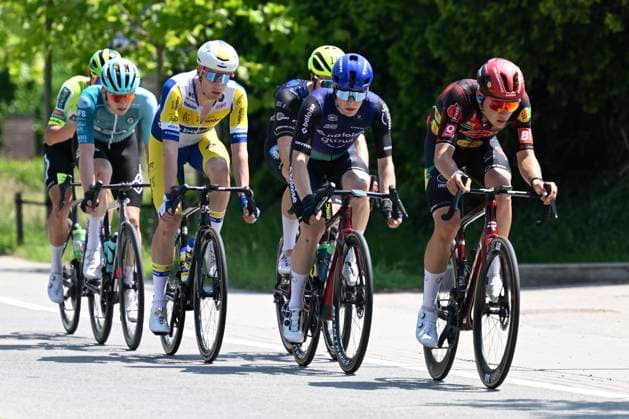 Baloise Belgium Tour 2025 Stage 2 PUTTE, BELGIUM - JUNE 19 : De Moyer Kenay (BEL) of Pauwels Sauzen - Cibel Clementines leading the escape pack during stage 2 of the 94th edition of Baloise Tour of Belgium an UCI ProSeries 2.Pro cycling road race stage for Men Elite of 194.6 km with start in Beringen and finish in Putte on June 19, 2025 in Putte, Belgium, 19 06 2025 ( Motordriver Guy De Vuyst - Putte Belgium  Copyright: xNicoxVereeckenx