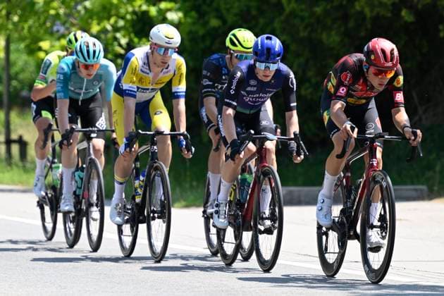 Baloise Belgium Tour 2025 Stage 2 PUTTE, BELGIUM - JUNE 19 : De Moyer Kenay (BEL) of Pauwels Sauzen - Cibel Clementines leading the escape pack during stage 2 of the 94th edition of Baloise Tour of Belgium an UCI ProSeries 2.Pro cycling road race stage for Men Elite of 194.6 km with start in Beringen and finish in Putte on June 19, 2025 in Putte, Belgium, 19 06 2025 ( Motordriver Guy De Vuyst - Putte Belgium  Copyright: xNicoxVereeckenx