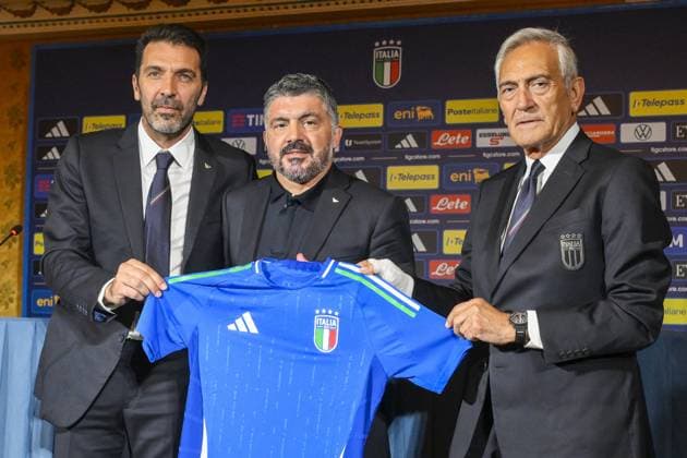 Gianluigi Buffon Gennaro Gattuso and Gabriele Gravina during the press conference, PK, Pressekonferenz to present Technical Commissioner Gennaro Gattuso at the Hotel Parco dei Principi Rome, Italy - Thursday 19 June 2025. Sports - Football.  Copyright: xFabrizioxCorradetti LaPressex