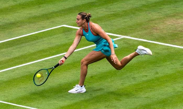 19 06 2025, WTA 500, Tennis, Women, Berlin Tennis Open by Hylo 2025, Berlin, Singles, 2nd round, Aryna Sabalenka Russia Rebeka Masarova Switzerland Aryna Sabalenka Russia Berlin Steffi Graf Stadion Berlin Germany