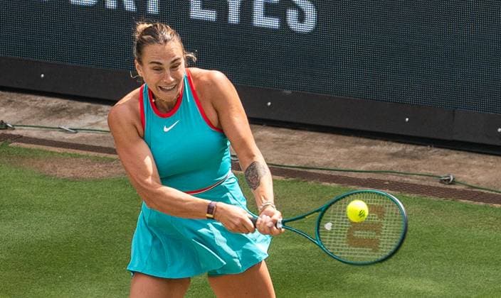 19 06 2025, WTA 500, Tennis, Women, Berlin Tennis Open by Hylo 2025, Berlin, Singles, 2nd round, Aryna Sabalenka Russia Rebeka Masarova Switzerland Aryna Sabalenka Russia Berlin Steffi Graf Stadion Berlin Germany